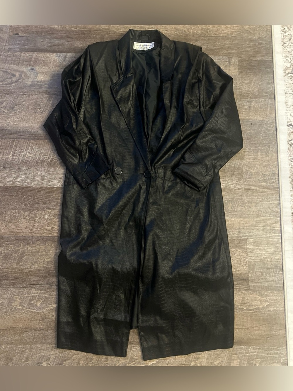 Vintage Maggie Lawrence Womens Black Leather Trench Coat Size 12 Shoulder Pads